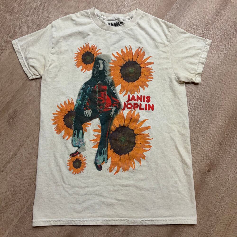 Janis Joplin Sunflower Graphic Band Tee T-Shirt Women's Small Classic Rock Cream